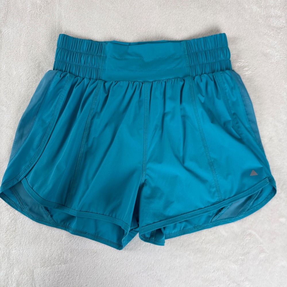 Vitality Breeze Teal Smocked Waist Mesh Panel Running Shorts Womens Small